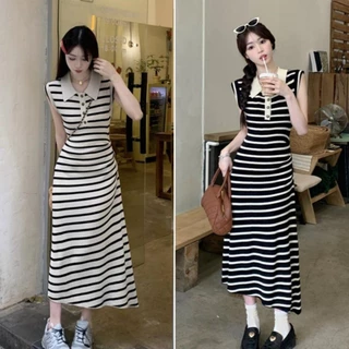 Bella Shop ชุดเดรสสวยหรูดูแพง ชุดเดรสสไตล์เกาหลี กระโปรงยาวสุดๆลาย ลายทางยืด แขนสั้น สไตล์ลำลอง