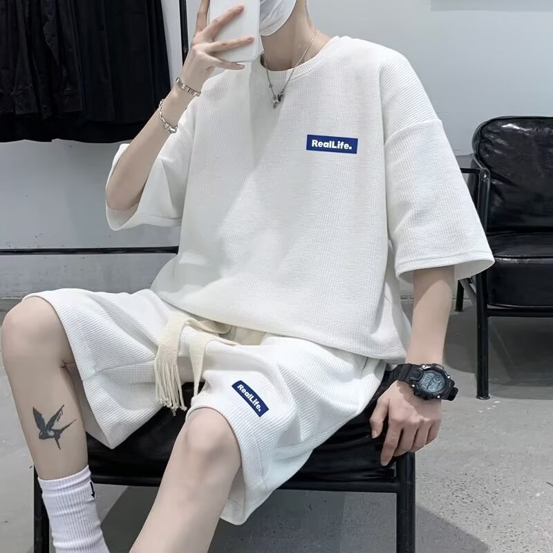 COD 2025 Hong Kong Style Casual Suit Men Waffle Short Sleeve Summer Youth Korean Version Loose Short