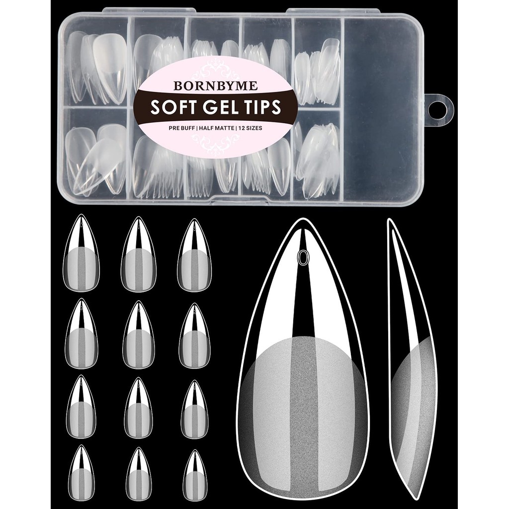 Soft Gel Nail Tips Medium Stiletto, 120PCS Pre Buff Full Cover Shaped Nail Extenison Tips Half Matte