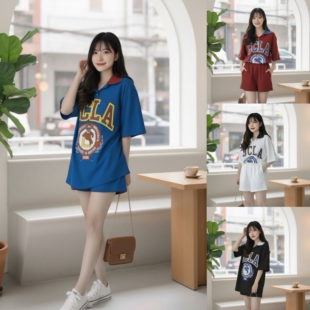 S132 ชุดเซ็ทผ้าวาฟเฟิล กางเกงขาสั้น**ไม่มีกระเป่าข้าง** เสื้อคอปก สกรีนลายน้องหมี