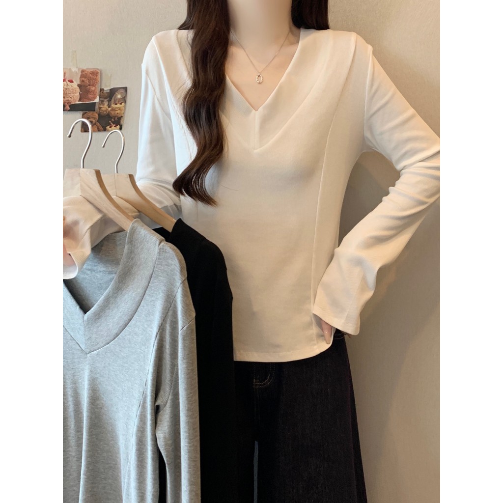 พลัสขนาดผู้หญิงเสื้อผ้าไขมัน MMV คออย่างเป็นทางการไหล่ Bottoming เสื้อ Flared Sleeve Design Slimmer 