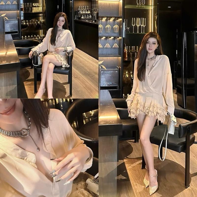 Baly Fashion - ชุดเสื้อ Somi คอจีนพร้อมลูกไม้ Cv S653