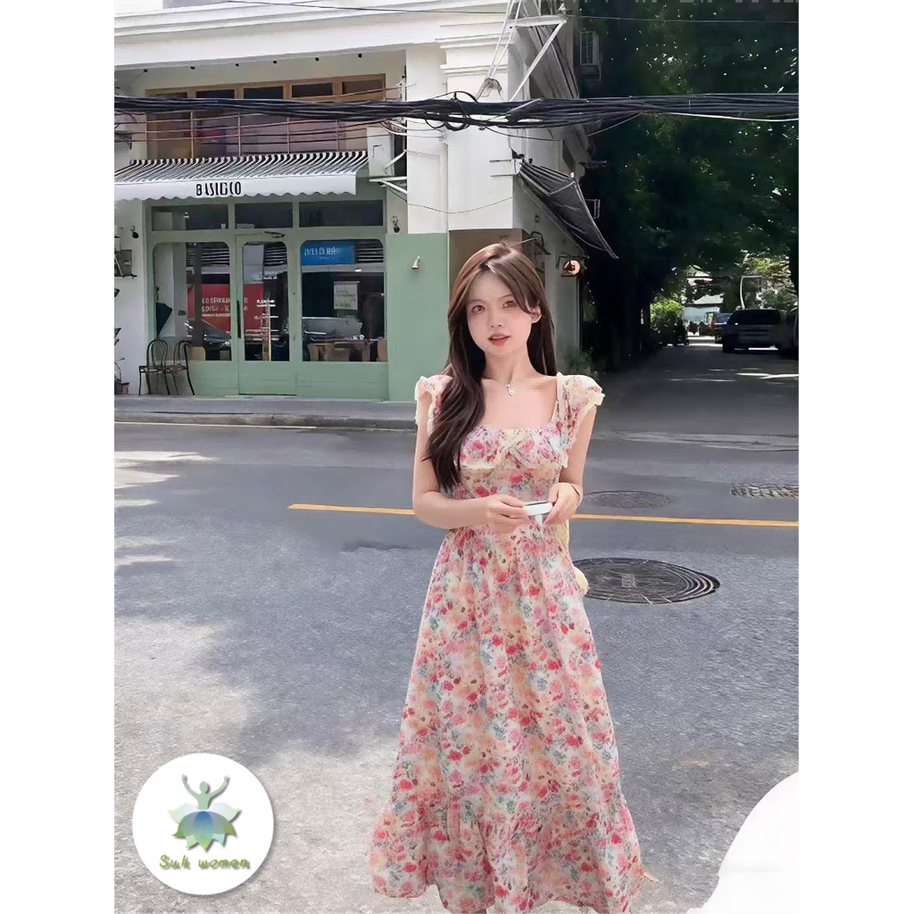 Suk women เดรสผู้หญิง เดรสยาว ฤดูร้อน ภาพวาดชุดดอกไม้หักน ริมทะเลวันหยุดพักผ่อนสบาย ๆ ชุดกระโปรงยาวหวาน เสื้อผ้าผู้หญิง