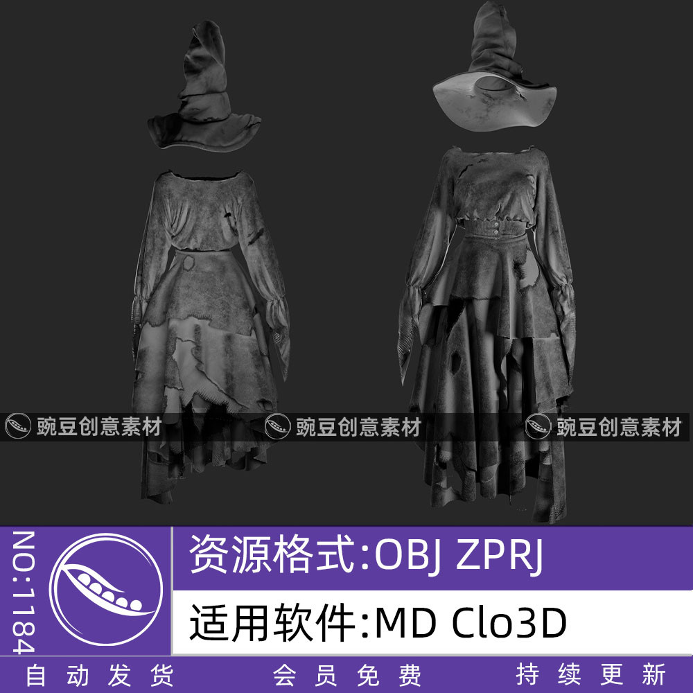 ชุดผีฮาโลวีน ชุดฮาโลวีน ชุดคอสเพลย์แม่มด Halloween รุ่น CLO3D ในรูปแบบไฟล์.obj