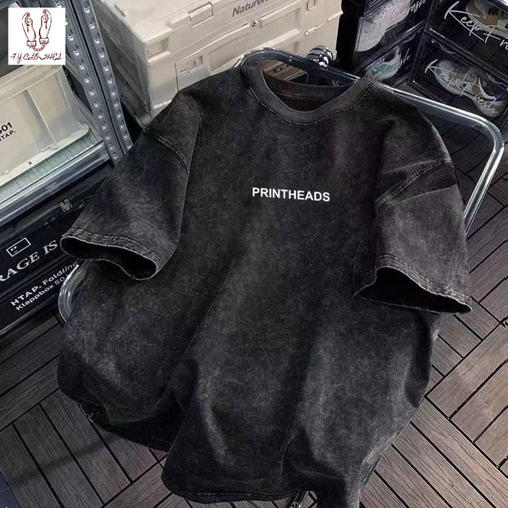 （จัดส่งตลอด 24 ชั่วโมง）เสื้อยืดฟอก oversize ผ้าฝ้าย 100% โอเวอร์ไซซ์ สีดําเข้ม สไตล์ฮิปฮอป เรโทร HY