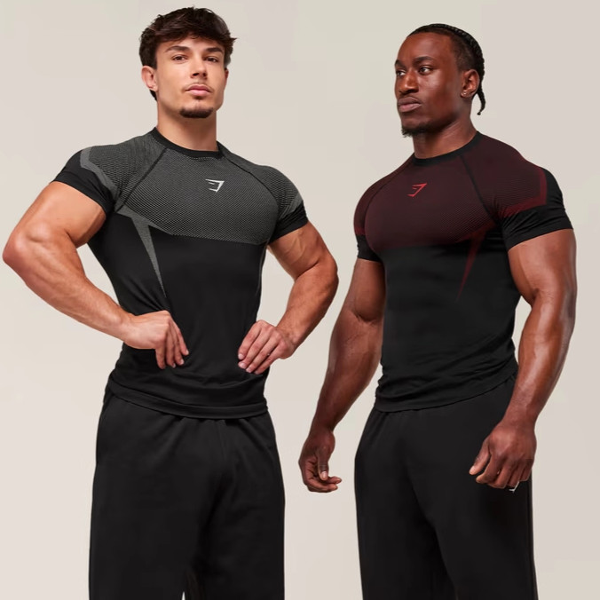GYMSHARK Shark ONYX Superhero Fitness Training Skinny แขนสั้นผู้ชายผู้หญิงกีฬาอเมริกัน Slim-Fit เสื้
