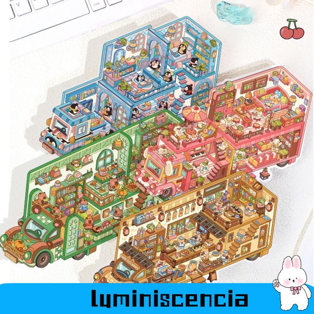 LUMINESCIA 4 ชิ้น/เซ็ต Cabin ฉากสติกเกอร์เกม, PET 2.5D Effect Motor Home Landscape สติกเกอร์, Creati