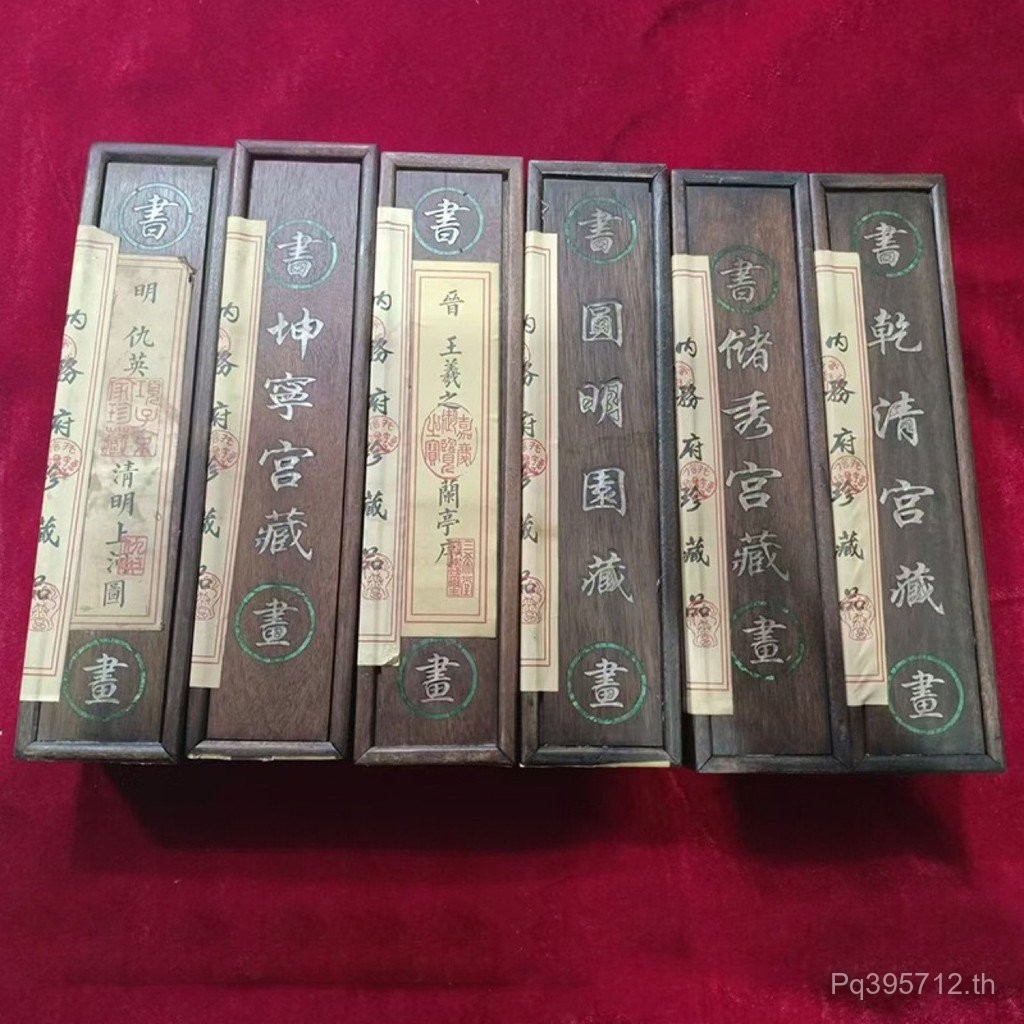 กล่องไม้โบราณพร้อมภาพวาด Qingming Shanghe และลายมือ Wang Xizhi