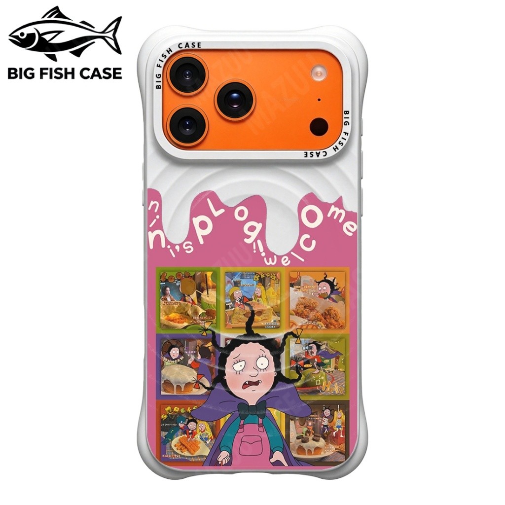 เคสไอโฟน ซิลิโคนสีขาว แม่เหล็ก ลายสาวแวมไพร์มอน่า คอลลาจอาหารขนม ข้อความ welcome is plog มุมหนา กันก