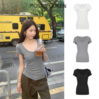 < MOSESQUEEN > เสื้อตัวเต็มตัวแขนสั้น คอต่ำ แบบยีนส์ สำหรับสาวๆ รุ่นย้อนยุค "ล่าเมย์" เสื้อสไตล์แฟชั่น ใส บาง และสีเดียว ที่เหมาะกับฤดูร้อน #62986