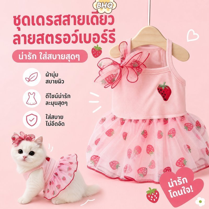 BHQ เสื้อแมวสตรอเบอร์รี่ ชุดแมวน่ารัก เสื้อหมาเล็กเล็ก ระบายอากาศและสะดวกสบาย โบว์ถอดได้ แฟชั่น S/M/L