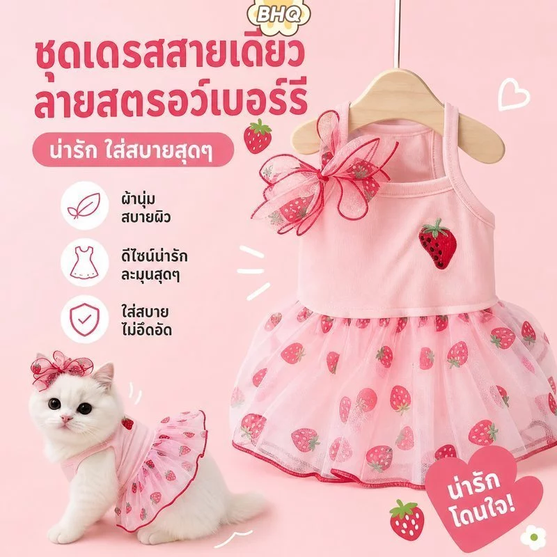 BHQ เสื้อแมวสตรอเบอร์รี่ ชุดแมวน่ารัก เสื้อหมาเล็กเล็ก ระบายอากาศและสะดวกสบาย โบว์ถอดได้ แฟชั่น S/M/L