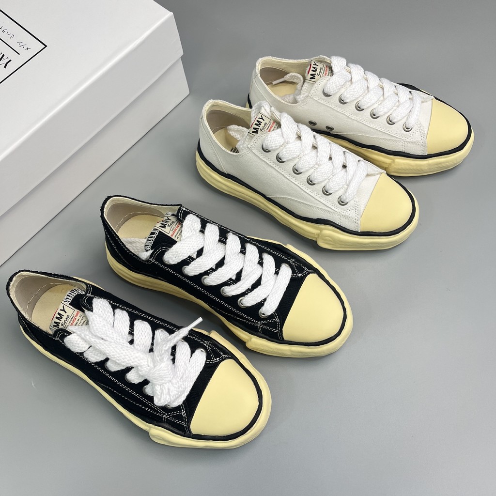 Mihara Kangyu รองเท้าละลายรองเท้าผ้าใบ mmy เพิ่มความสูง Distressed Open Smile Lace-Up รองเท้าผ้าใบญี