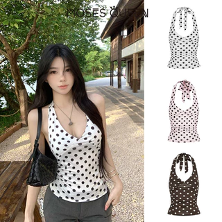 MOSESQUEEN เสื้อกล้ามคล้องคอลายจุดความปรารถนาบริสุทธิ์ในรูปแบบใหม่สําหรับใส่ด้านนอก - เสื้อโชว์สุดเซ็กซี่สําหรับเด็กผู้หญิง #63734