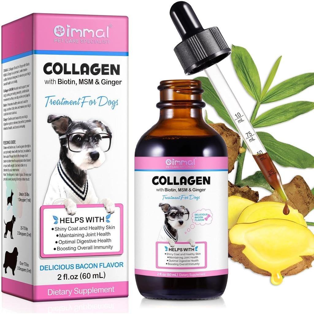 คอลลาเจนสําหรับสุนัข, ยาหยอดของเหลวคอลลาเจนพร้อมไบโอติน, MSM & Ginger Digestive & Immunity Support, 