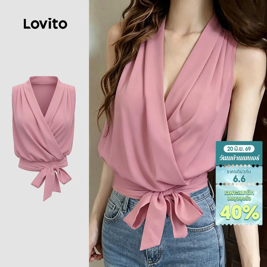 Lovito เสื้อเบลาส์สีชมพูแบบพลีตสไตล์ลําลอง สําหรับฤดูใบไม้ผลิ/ฤดูร้อนของผู้หญิง L189ED910