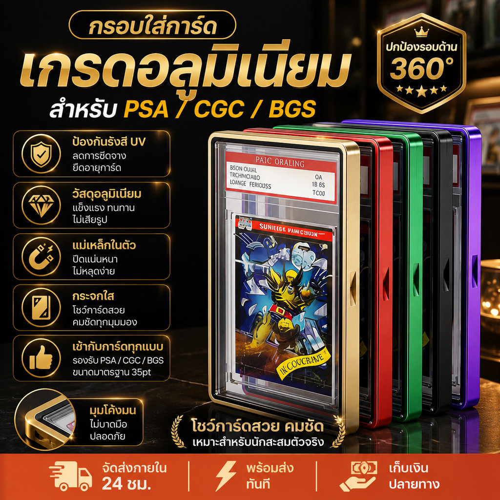 กรอบการ์ดสะสม เคสแม่เหล็กอลูมิเนียม กระจกใสสองด้าน 35PT ป้องกันรังสี UV กันรอยขีดข่วน สำหรับ PSA CGC BGS
