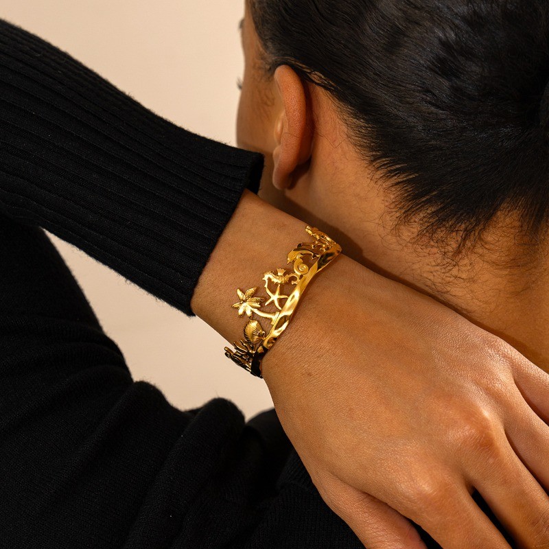 Ins Trend Summer Beach Hollow Open Bracelet 18K Real Gold Plated Stack Statement Wrist Jewelry