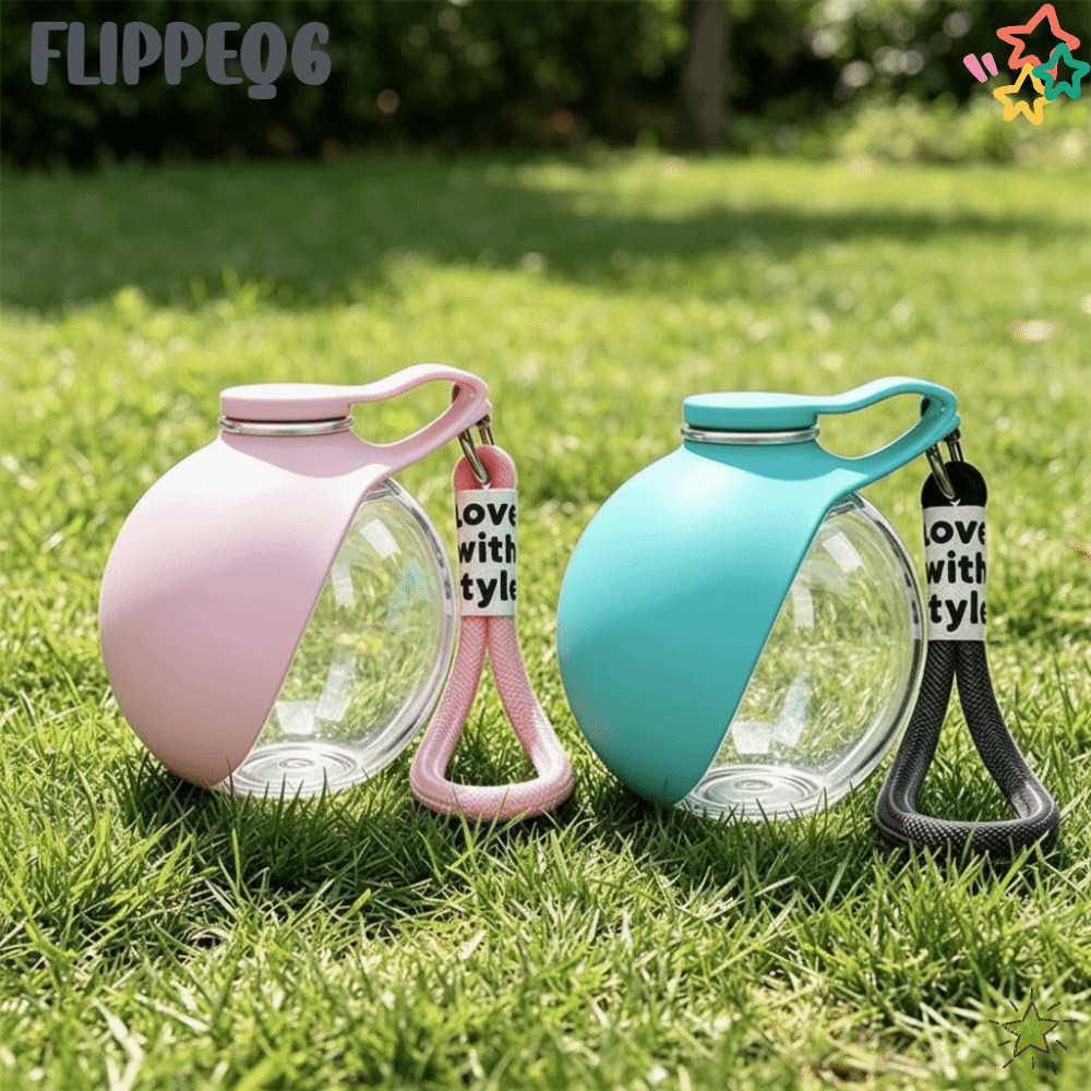 FLIPPEQ6 ขวดน้ําสุนัขแบบพกพาขนาดกะทัดรัดพร้อมเชือกเส้นเล็กขวดน้ําสุนัข 2-in-1, 545ml Round Leak-Proof Dog Travel Water Bottle Pet Walking