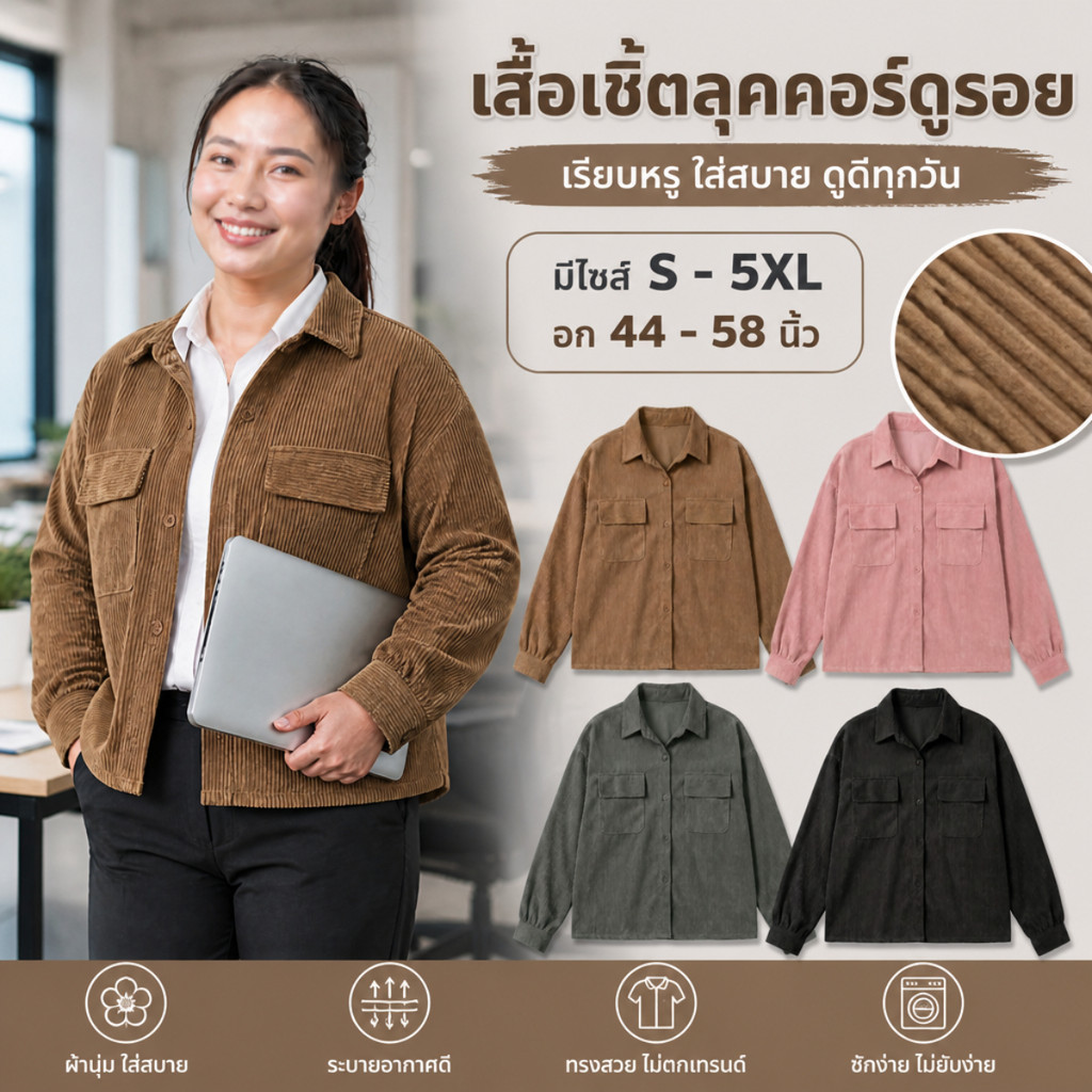 เสื้อคลุมผ้าลูกฟูกกระเป๋าคู่หน้า S-5XL ดีเทลแขนจีบสุดคิ้วท์ แขนยาวทรงโอเวอร์ไซส์