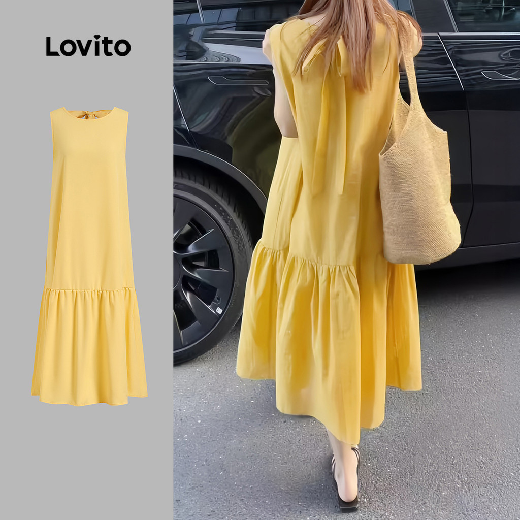 Lovito โบโฮ ชุดเดรสโบฮ์แรปพีชชายผ้าระบายปลายแขน ผูกด้านหลัง สีเหลืองสำหรับฤดูใบไม้ผลิ/ฤดูร้อน L142ED113
