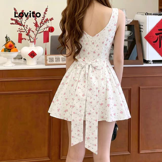 (New Arrival) Lovito ชุดเดรสผู้หญิงสไตล์ลําลองพิมพ์ลายโบว์ฤดูใบไม้ผลิ/ฤดูร้อน เกาหลี อินเทรนด์ LK7AD013