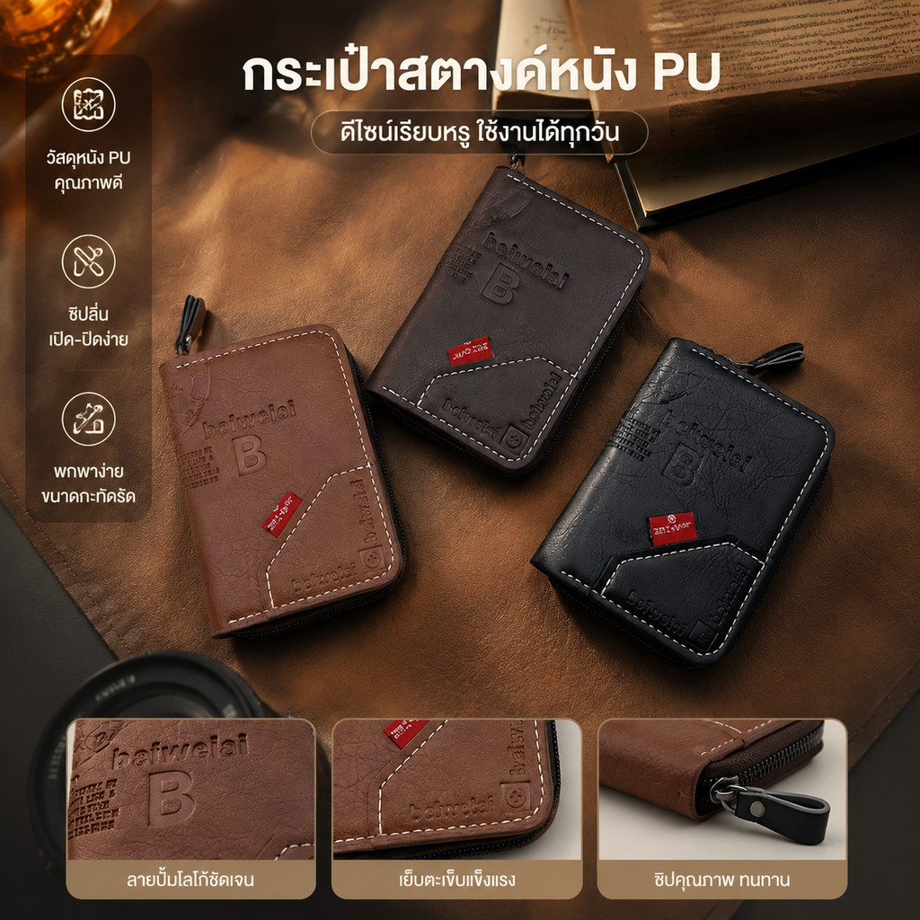 กระเป๋าสตางค์ชาย หนัง PU นุ่ม ลายนูนสไตล์วินเทจ พกพาสะดวก เหมาะสำหรับการเดินทางในชีวิตประจำวัน