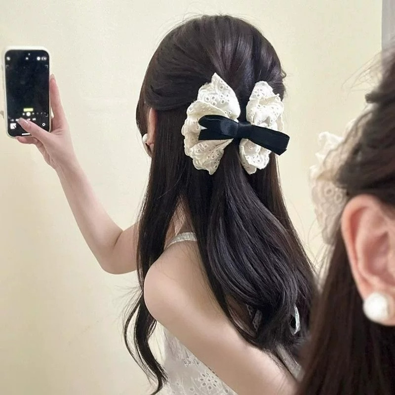 ผู้หญิงลูกไม้สีดํา Bowknot Hairpin ด้านข้างคลิป Bangs เครื่องประดับผม 1/2 ชิ้น