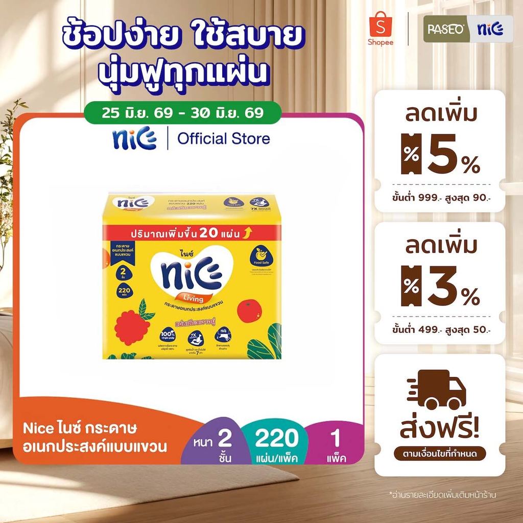 (1 แพ็ค) Nice ไนซ์ กระดาษอเนกประสงค์แบบแขวน หนา 2 ชั้น 220 แผ่น (ทิชชู่ กระดาษทิชชู่) x 1