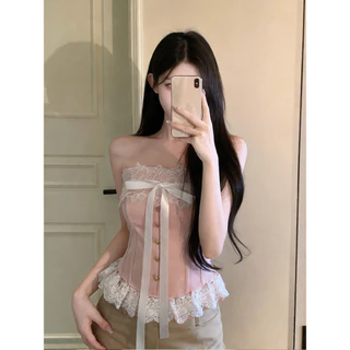 Vogue🌟พร้อมส่ง🌟 เสื้อเกาะอกทรงเข้ารูป ตกแต่งด้วยลูกไม้และโบว์ผูก เสริมฟองน้ำสม็อกหลัง สไตล์หวาน-สาวเวียด (FY3002#1)