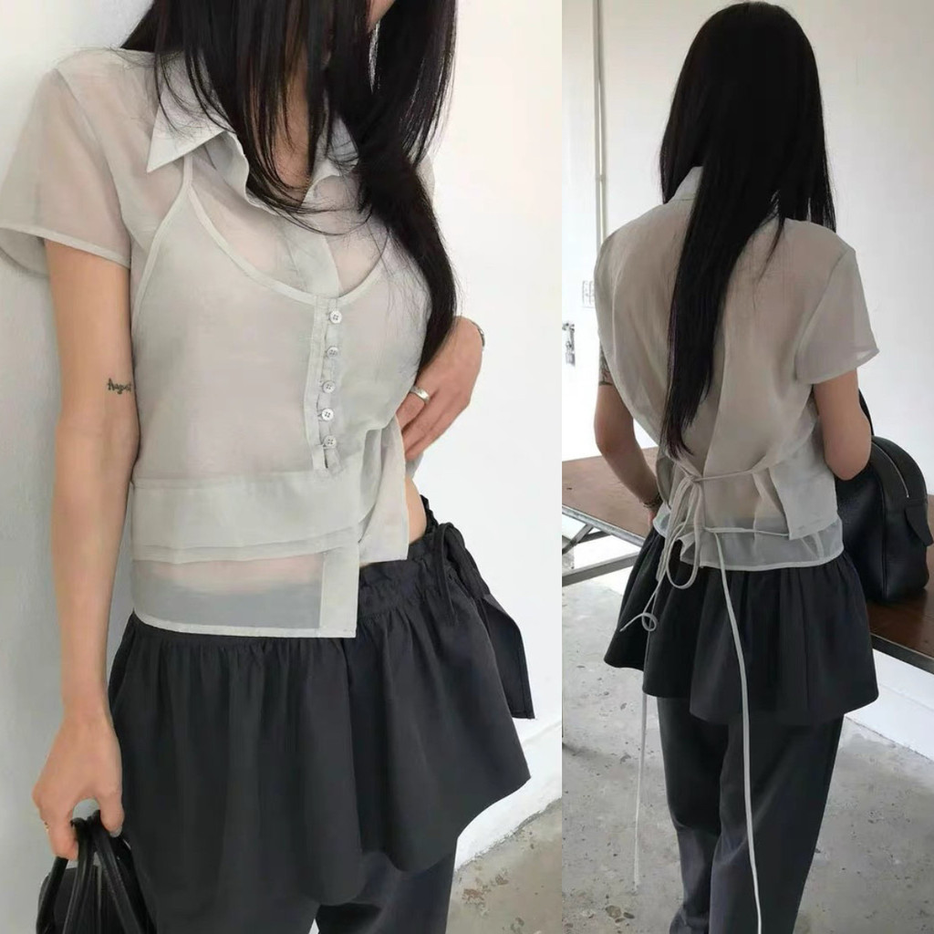ฤดูร้อนใหม่ผู้หญิงอ่อนโยนสบายๆผูกคอเชือกแขวนคอเสื้อแขนสั้น 260625