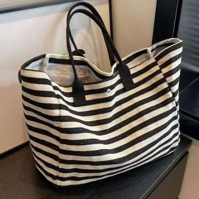 Striped Commuter Tote Mommy Canvas Bag Female Bag Large Capacity Tote Bag One Shoulder R5CM