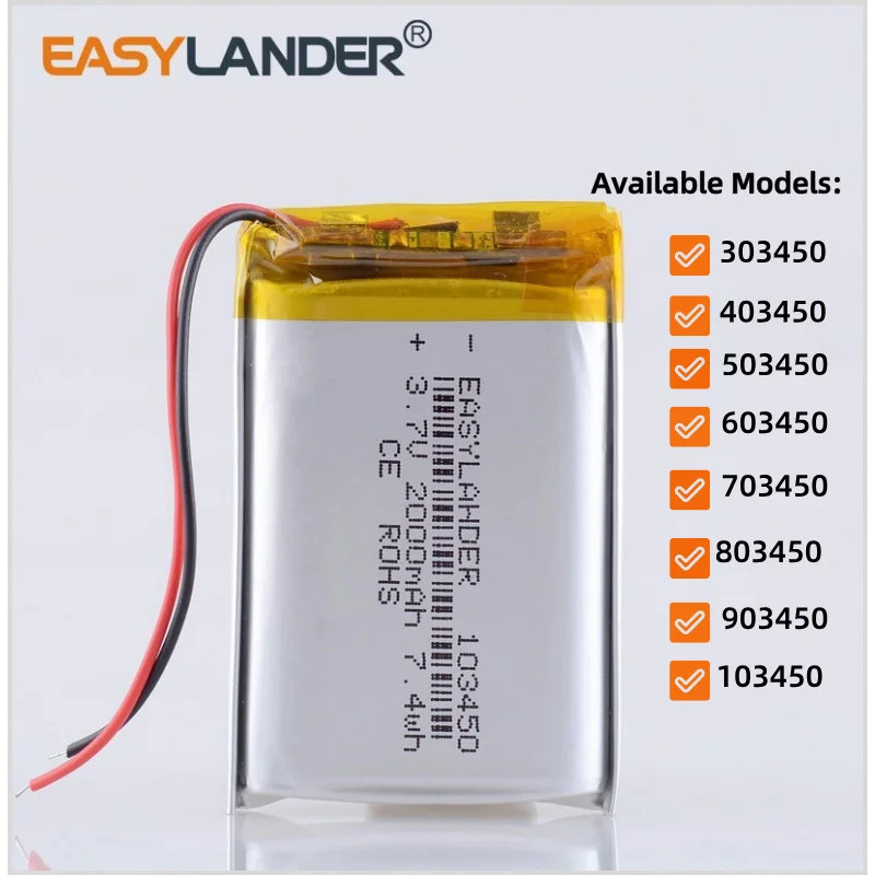 303450 403450 603450 703450 803450 903450 3.7V 2000mAh 103450 123450 แบตเตอรี่ลิโพลิเมอร์ลิเธียมไอออ