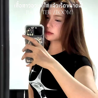COD（จัดส่งภายใน 24 ชั่วโมง）เสื้อสาวอวบ เสื้อครอปท็อป แขนสั้น babytee สไตล์เกาหลี y2k T-shirt | รูปแบบเลข ดาวน่ารัก