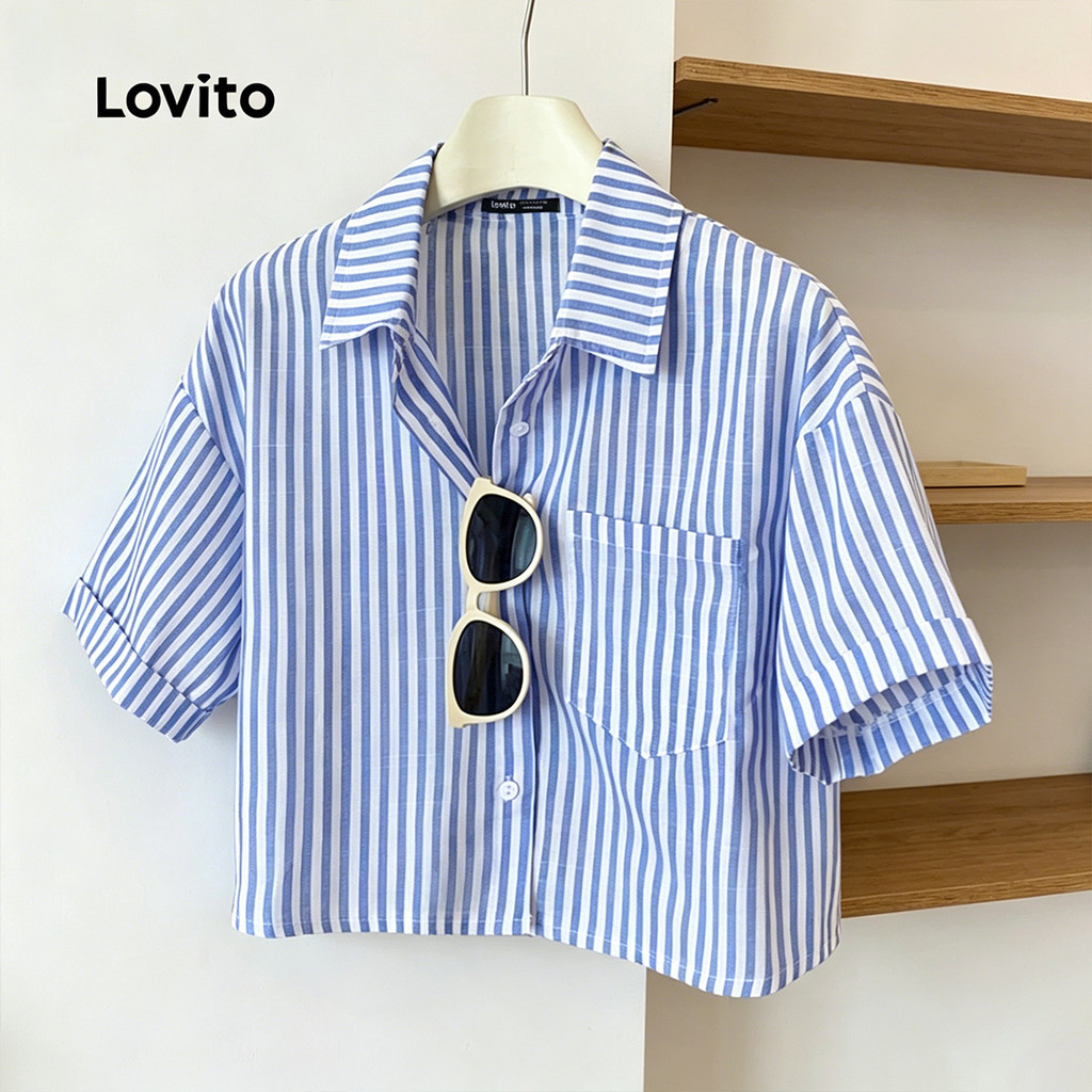 (แคชชวล) Lovito เสื้อเบลาส์ลายทางแบบสบาย ๆ สำหรับผู้หญิง L106AD313