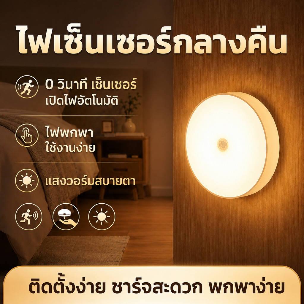 Yonii โคมไฟหัวเตียง LED ไฟเซ็นเซอร์ แสงนวลตา ชาร์จได้ เซนเซอร์อัตโนมัติ ติดแม่เหล็ก