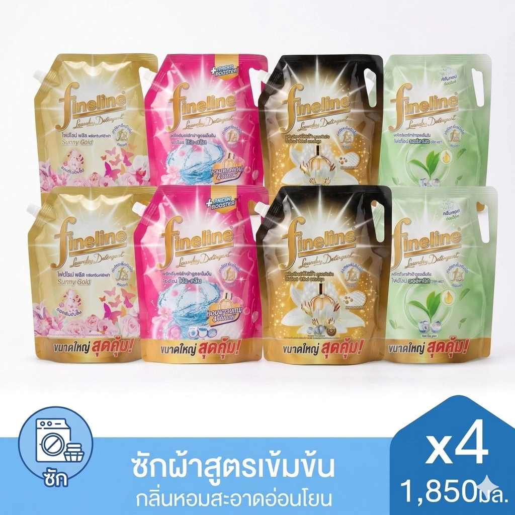 [แพ็ค 4 ถุง] ไฟน์ไลน์ น้ำยาซักผ้าสูตรเข้มข้น 1850 มล. x 4 ถุง (เลือกสูตรได้) Fineline ผลิตภัณฑ์ซักผ้าขจัดคราบลึ