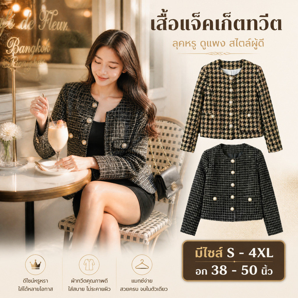 เสื้อคลุมผ้าทวีดคอกลม S-4XL ทอลายเท็กซ์เจอร์สวยหรู ลุคออนนี่เกาหลีไปคาเฟ่สุดชิค