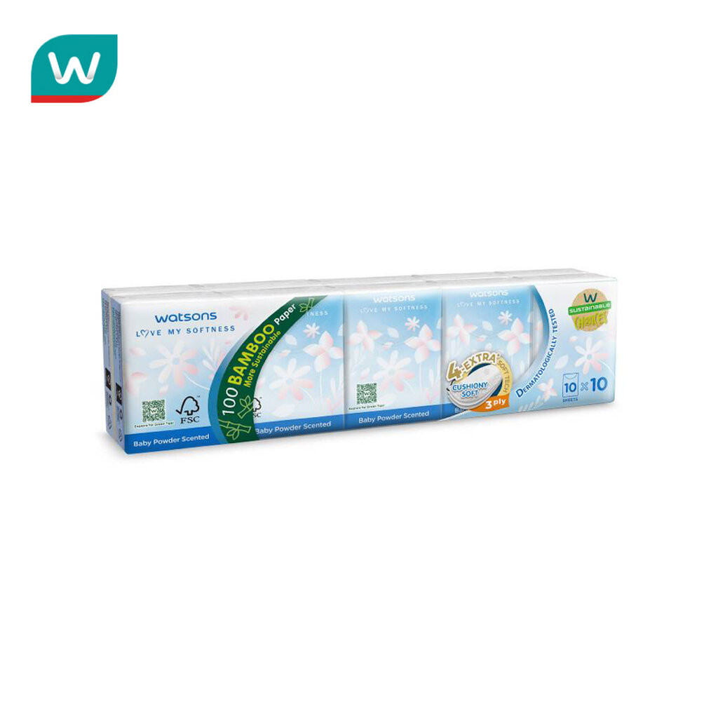 Watsons วัตสัน กระดาษทิชชูแบบพกพา กลิ่นแป้งเด็ก 3 ชั้น 10 แผ่น x 10 ซอง.