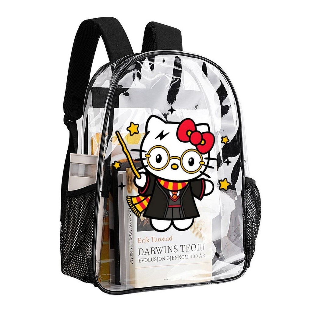 CCC BackpackTransparent Double Backpack-Clear PVC School Backpack with Mesh Pockets, Cute Character 