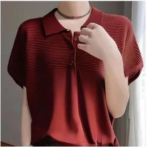 Red Berryเสื้อยืดคอกลมแขนสั้นคอโปโลฤดูร้อนสำหรับผู้หญิง คอตุ๊กตาหลวม แขนไหล่ตก สไตล์บาง 88015