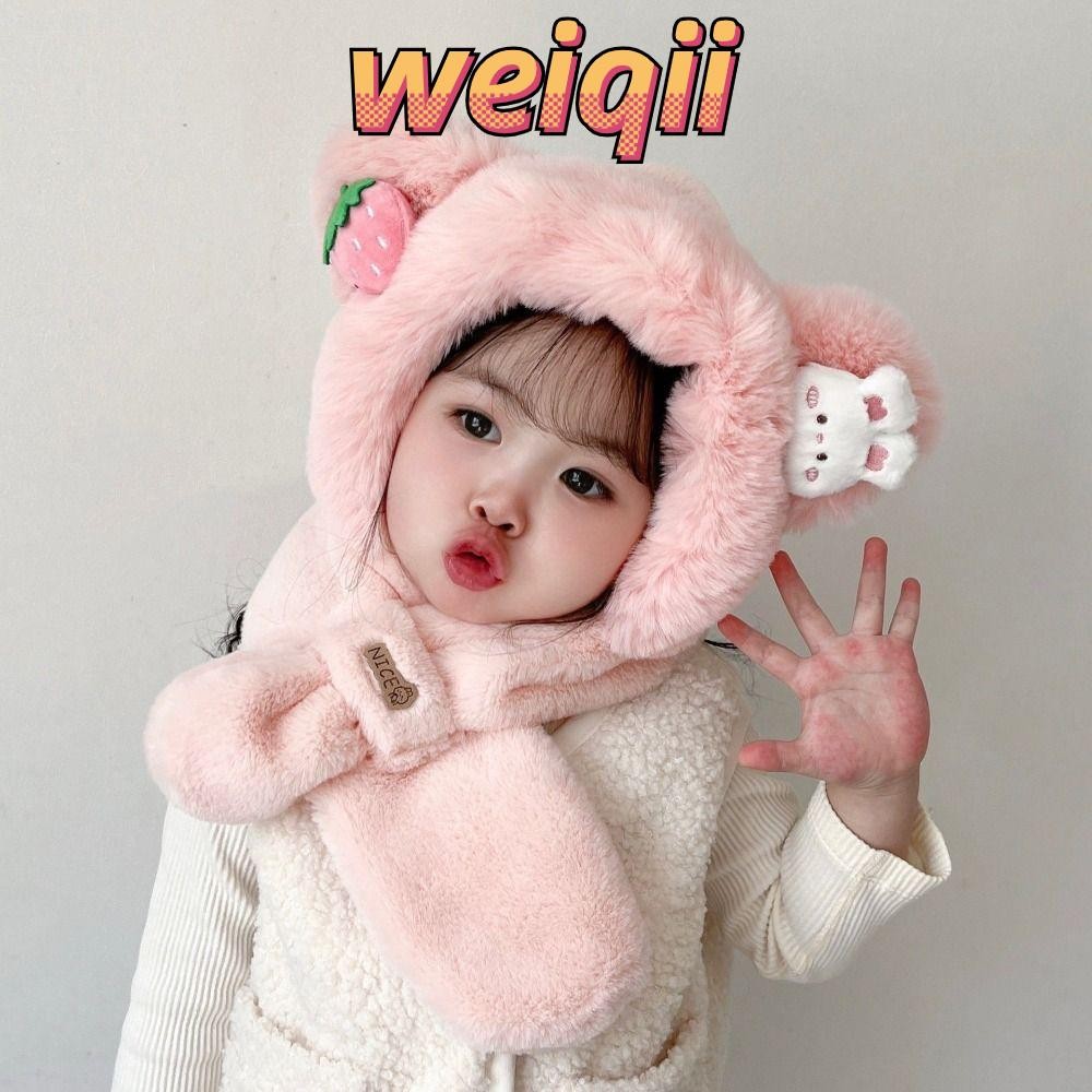 หมวกไหมพรมพร้อมผ้าพันคอสำหรับเด็ก ออกแบบเป็นตุ๊กตาการ์ตูนหมีหูใหญ่ ป้องกันลมและอากาศหนาวได้อย่างดี