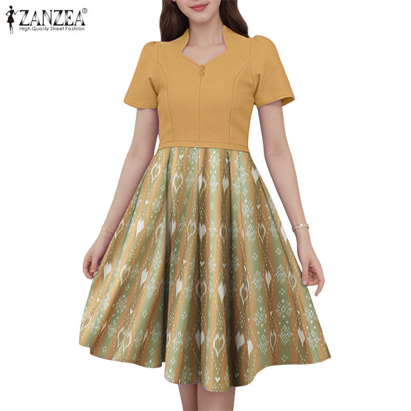 ZANZEA ผู้หญิงสไตล์เกาหลี V คอพัฟแขนพิมพ์เรขาคณิต A-Line กระโปรง