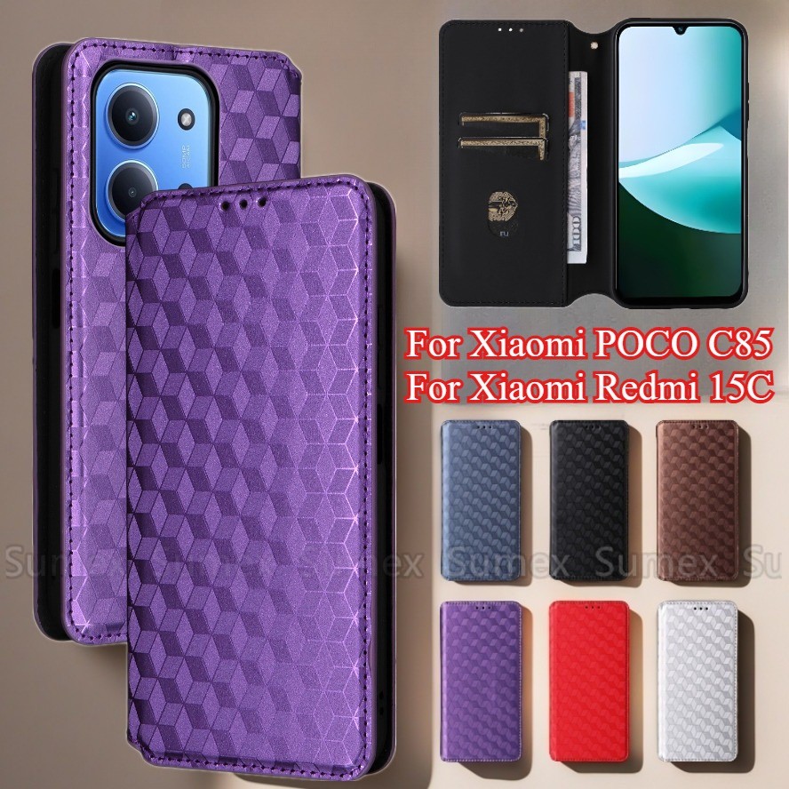 Lattice แม่เหล็กหนังสําหรับ Xiaomi POCO C85 Redmi 15C 4G 5G เคสโทรศัพท์ Stand Holder Card Slot กระเป