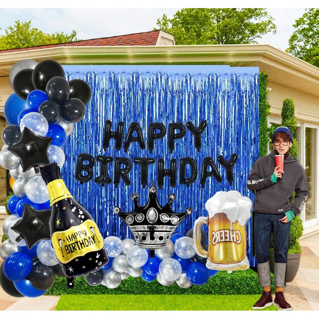 Navy Blue Black และ Silver Birthday Party Supplies สําหรับชาย,สีดํา Happy Birthday Letter บอลลูนแบนเ