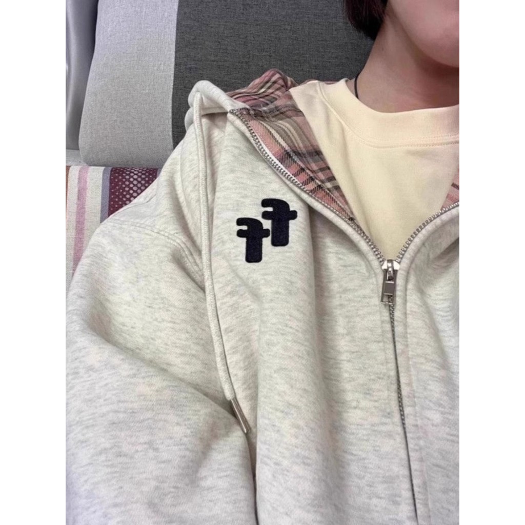 uniqlo official store เสื้อแขนยาวmc เสื้อสเวตเตอร์มีฮู้ดสีตัดกันลายสก๊อตแบบบางสำหรับผู้หญิงเสื้อคาร์