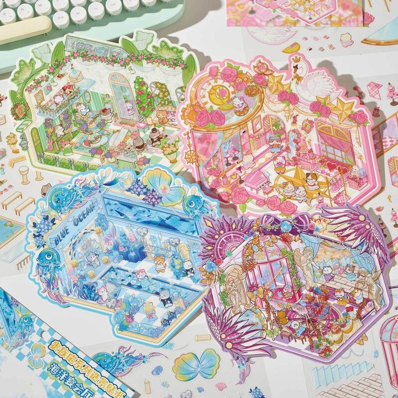 WEI 4 ชิ้น [Noble Meow Series] สติ๊กเกอร์แนวนอน 3D วัสดุกันน้ําขนาดใหญ่ Ballet Hall Ocean Banquenal 