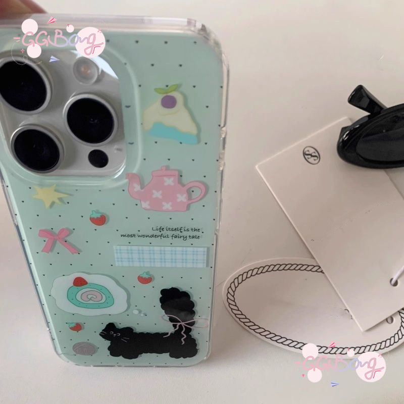 เคสไอโฟน16สำหรับIPhone 15 16 11 12 13 14 Pro Max XR XS X Max 14 16 15 Plusมินต์สีเขียวลูกแมวสีดำโบว์สตรอเบอร์รี่สปอต IMD