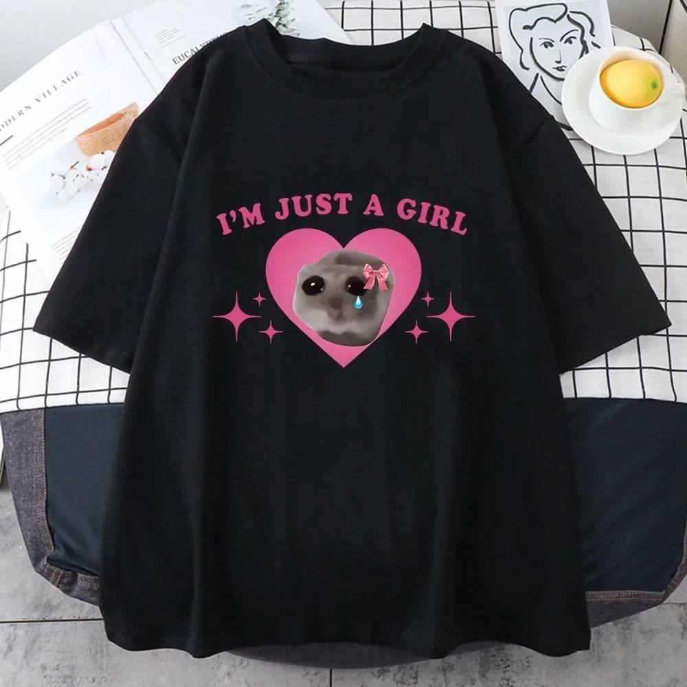Sad Hamster T-shirt I'm Just A Girl Cartoon Print T-shirt Casual Short Sleeve Summer T-shirt High Qu