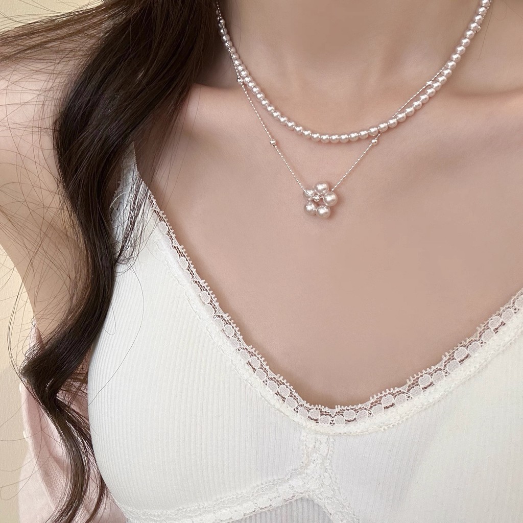 สร้อยคอมุกสีเงินแบบเกาหลี ลายดอกไม้ พร้อมสายสองชั้น ของขวัญวันเกิดสำหรับนักเรียน